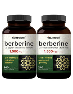 Suplemento Vegano de Berberina 1500mg + Canela 1000mg + Cúrcuma 300mg - 480 Cápsulas