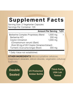 Suplemento Vegano de Berberina 1500mg + Canela 1000mg + Cúrcuma 300mg - 480 Cápsulas 2