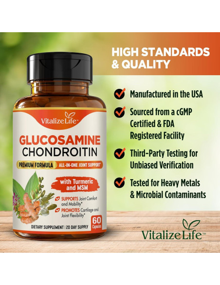 Suplemento Articular Vitalize Life - Glucosamina, Cóndroitina y Cúrcuma - 60 Cápsulas Vegetales