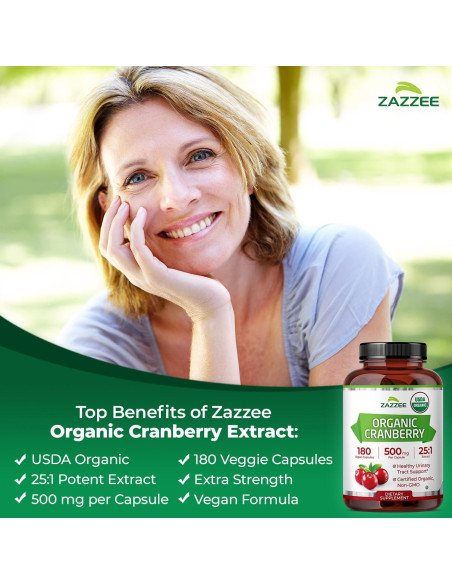 Cápsulas de Arándano Orgánico Zazzee 500 mg, 180 Veganas