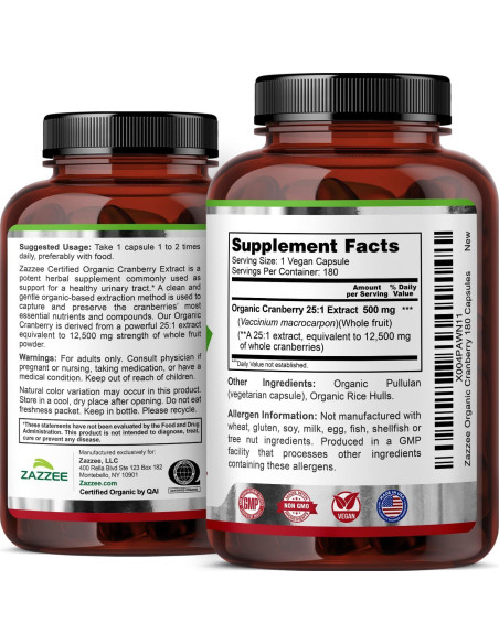 Cápsulas de Arándano Orgánico Zazzee 500 mg, 180 Veganas