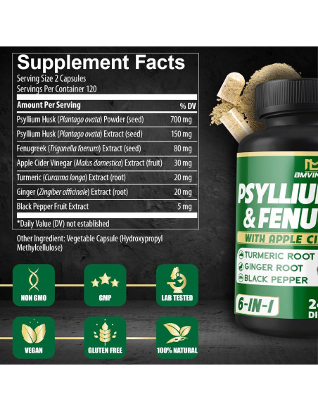 Suplemento de fibra BMVINVOL con psyllium y fenogreco - 240 cápsulas