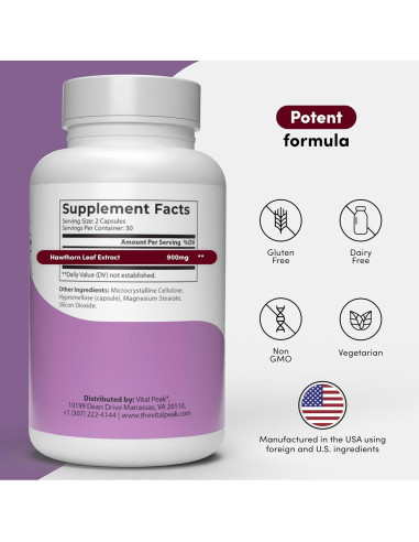 Suplemento de Baya de Espino Hawthorn Peak 900 mg - 60 Cápsulas Veganas
