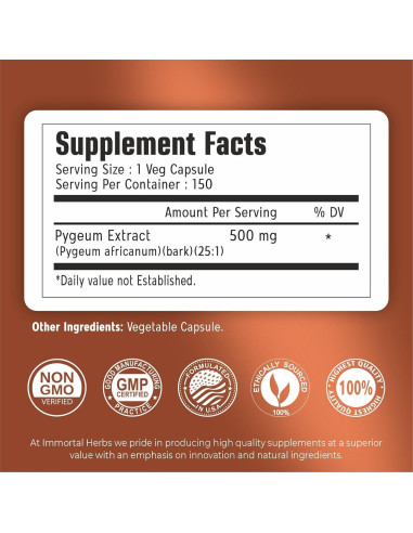 Cápsulas de Pygeum Africano 500mg Immortal Herbs - 150 Unidades