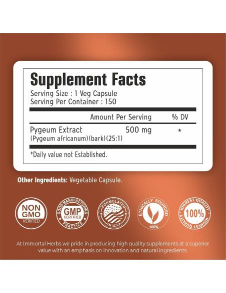 Cápsulas de Pygeum Africano 500mg Immortal Herbs - 150 Unidades