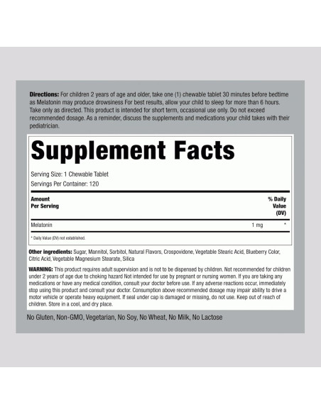 Melatonina Piping Rock para Niños 1mg 120 Tabletas Masticables