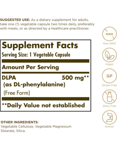 Solgar DLPA 500 mg - 100 Cápsulas Vegetales - Vegano, Sin Gluten