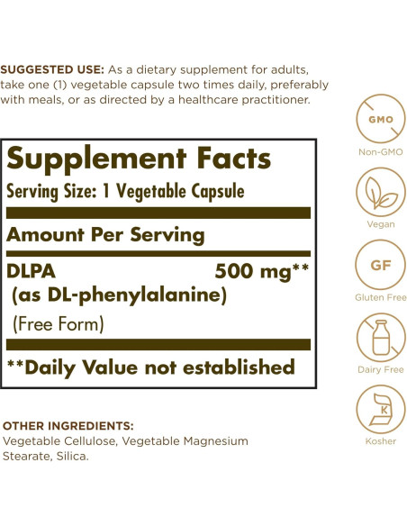 Solgar DLPA 500 mg - 100 Cápsulas Vegetales - Vegano, Sin Gluten