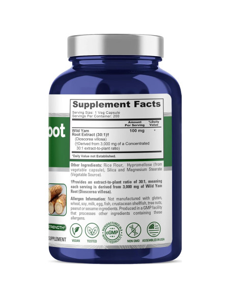 Extracto de raíz de ñame salvaje NusaPure 100 mg 200 cápsulas veganas