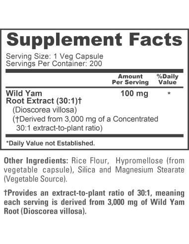 Extracto de raíz de ñame salvaje NusaPure 100 mg 200 cápsulas veganas