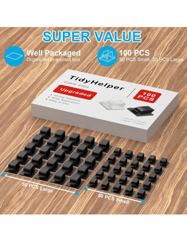 100 Clips Adhesivos para Cables TidyHelper - Pequeños y Grandes