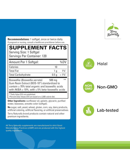 Terry Naturally BosMed 500 - Suplemento de Boswellia Serrata 120 Cápsulas