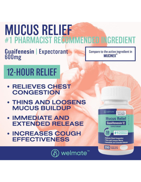 WELMATE Guaifenesina 600mg Expectorante 200 Tabletas Alivio Tos