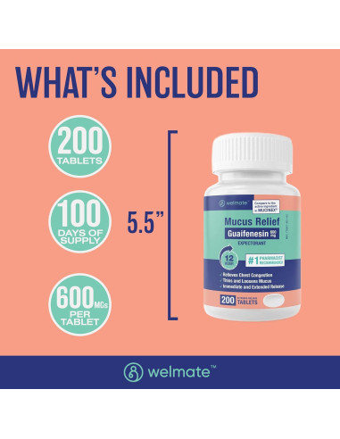 WELMATE Guaifenesina 600mg Expectorante 200 Tabletas Alivio Tos