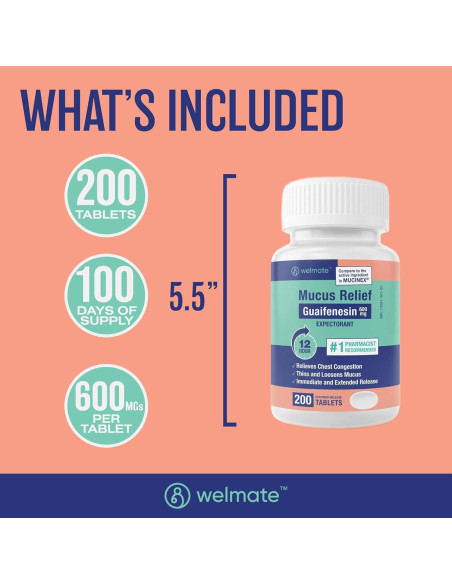 WELMATE Guaifenesina 600mg Expectorante 200 Tabletas Alivio Tos