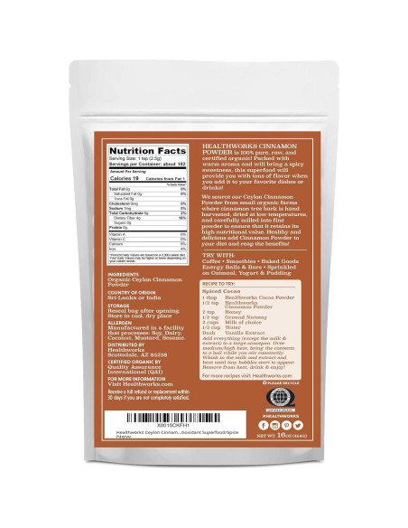 Polvo de Canela de Ceilán Orgánica Healthworks 453.6 g - Crudo, Keto, Vegano