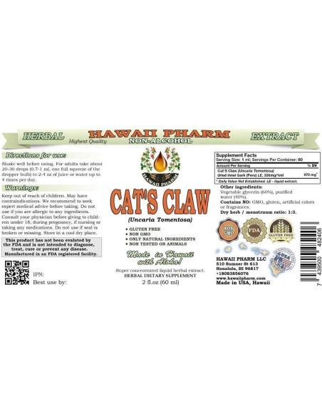 Extracto líquido sin alcohol de Garra de Gato Hawaii Pharm 60 ml