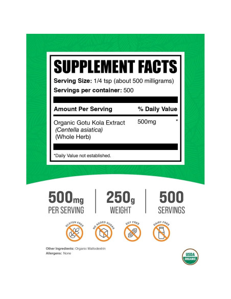 Extracto de Gotu Kola Orgánico en Polvo BulkSupplements 250g