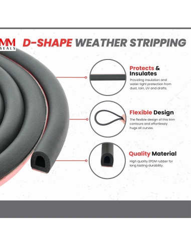 Burlete D-Shape M M SEALS 1.55m Caucho Negro Adhesivo 3M