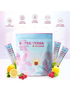 Super Yerba Mate en Polvo Zooone 30 Paquetes Sabor Frambuesa-Limón 2