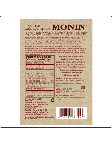Jarabe de Agave Orgánico Monin 750 ml - Sin Gluten, No OGM