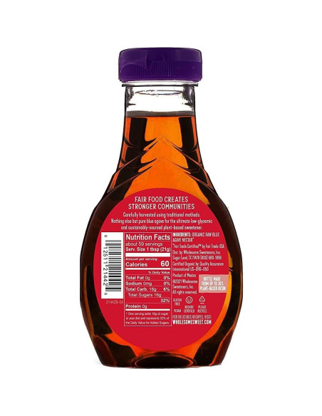 Néctar de Agave Azul Crudo Orgánico Wholesome 1.24 kg