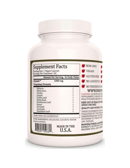 Diurético Herbal Remedy's Nutrition | 1000 mg, 60 Cápsulas Veganas