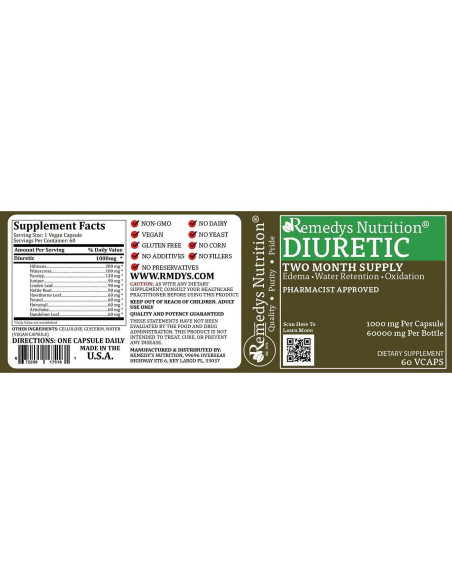 Diurético Herbal Remedy's Nutrition | 1000 mg, 60 Cápsulas Veganas