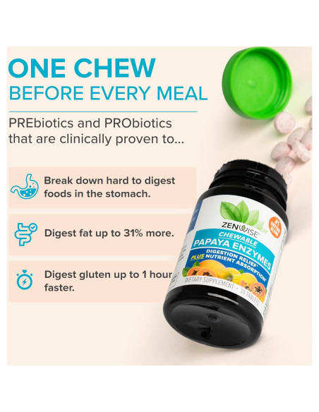 Enzimas Masticables de Papaya Zenwise - 30 Tabletas Digestivas
