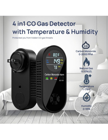 Detector de Monóxido de Carbono ELECOIN 4 en 1 con Pantalla Digital