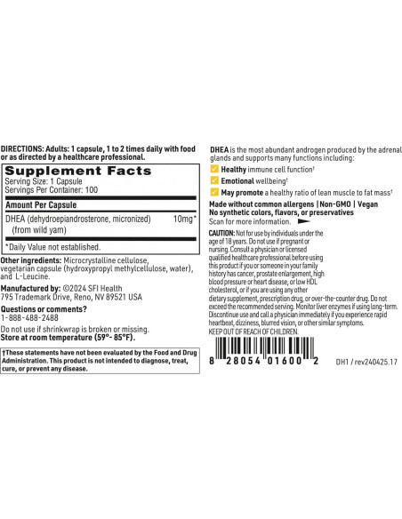 Suplemento DHEA 10mg Klaire Labs - Micronizado Hipoalergénico - 100 Cápsulas
