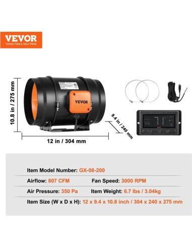 Ventilador de Conducto VEVOR 8 Pulgadas 807 CFM Silencioso