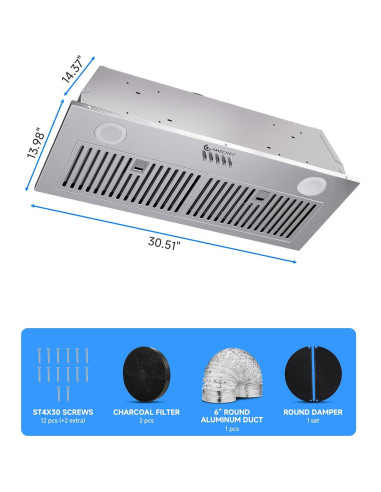 Campana Extractora Empotrada AMZCHEF 30" Acero Inoxidable 900 CFM