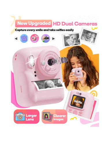 Cámara Instantánea Doble HD 1080P Ziegoal para Niños Rosa