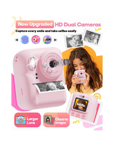 Cámara Instantánea Doble HD 1080P Ziegoal para Niños Rosa