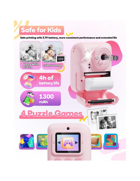 Cámara Instantánea Doble HD 1080P Ziegoal para Niños Rosa
