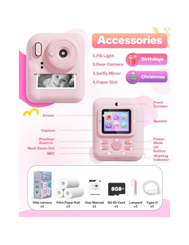 Cámara Instantánea Doble HD 1080P Ziegoal para Niños Rosa