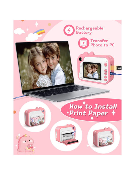 Cámara Instantánea Usteetic para Niños Rosa 20MP Video 1080P