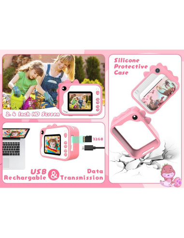 Cámara Instantánea Usteetic para Niños Rosa 20MP Video 1080P