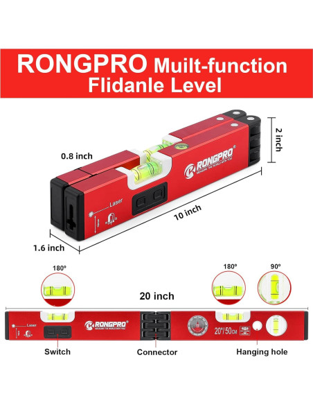 Nivel Magnético Plegable RONGPRO 50.8 cm con Láser 9.14 m