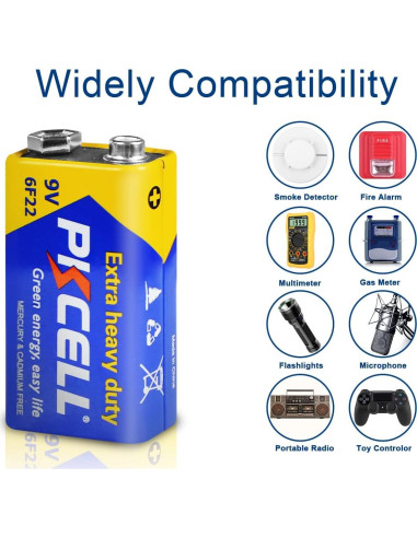 Batería 9V PKCELL 6F22 Carbono Zinc Ultra Duradera - Paquete de 10