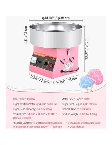 Máquina de Algodón de Azúcar VEVOR 1000W 15" Rosa