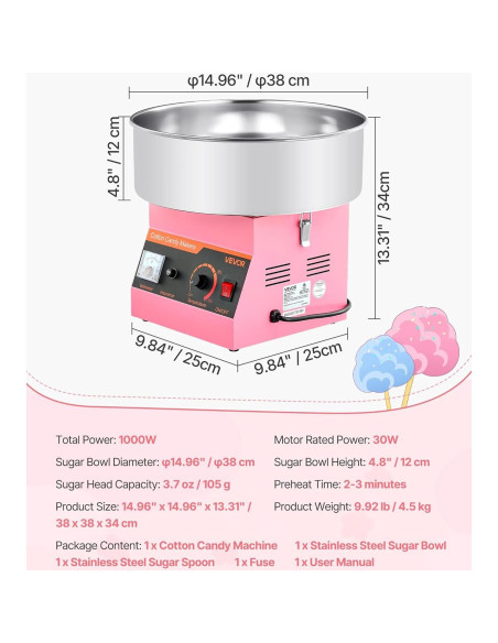 Máquina de Algodón de Azúcar VEVOR 1000W 15" Rosa