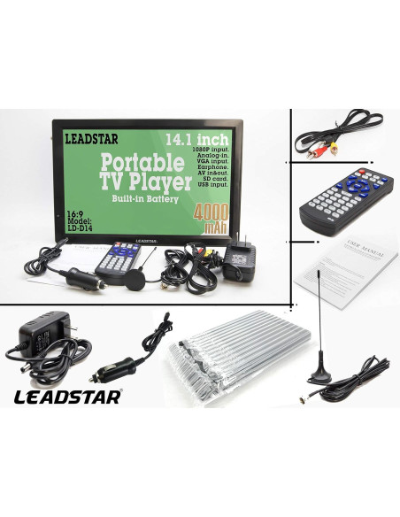Televisor LED portátil LEADSTAR 14" HD con batería y USB