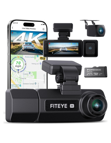 Cámara Dash 4K Fiteye FT-VD004 con GPS y WiFi, 3 Canales