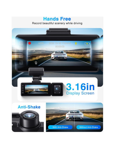 Cámara Dash 4K Fiteye FT-VD004 con GPS y WiFi, 3 Canales