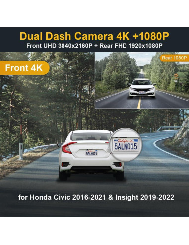 Cámara de Salpicadero Fitcamx 4K Frontal + 1080P Trasera para Honda Civic 2016-2021 & Insight 2019-2022