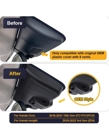 Cámara de Salpicadero Fitcamx 4K Frontal + 1080P Trasera para Honda Civic 2016-2021 & Insight 2019-2022