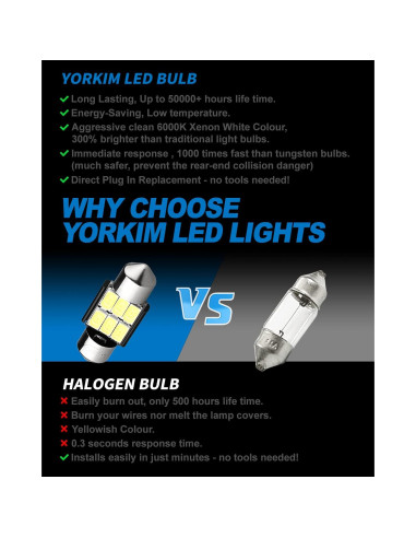 Bombillas LED Festoon Yorkim 31mm 12V Blancas Paquete de 2