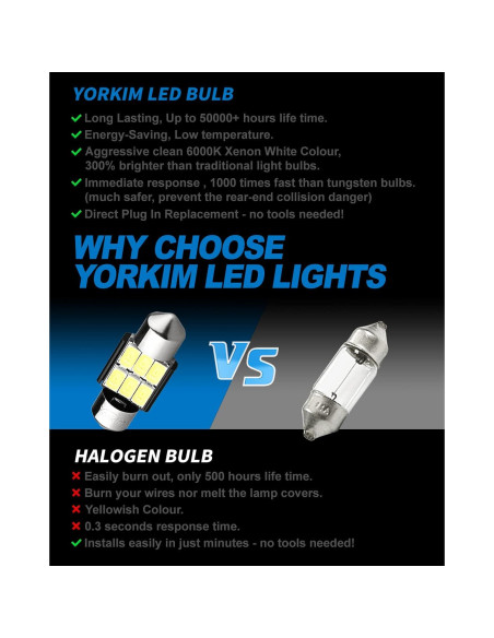 Bombillas LED Festoon Yorkim 31mm 12V Blancas Paquete de 2
